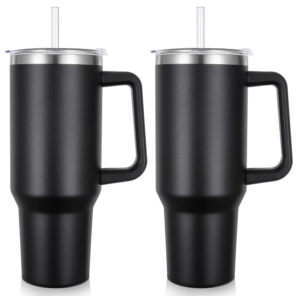 Insulated Tumbler With Handle Straw 40oz Stainless Steel Vacuum Cup Thermal Mug For Ice Coffee Travel Car Cup 1200ml (black)