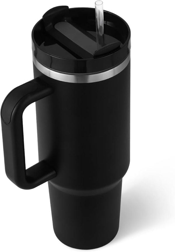 Insulated Tumbler With Handle Straw 40oz Stainless Steel Vacuum Cup Thermal Mug For Ice Coffee Travel Car Cup 1200ml (black)