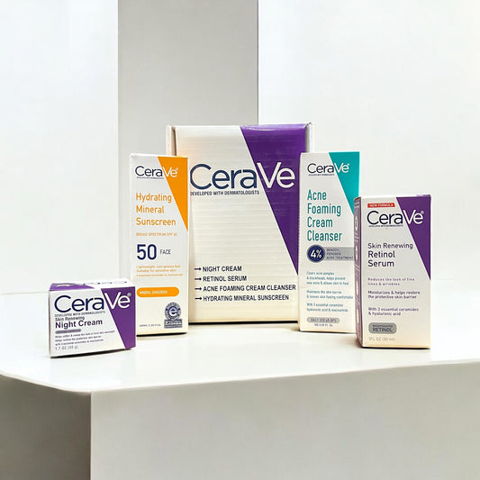 Cerave 4-in-1 Skincare Bundle: Night Cream, Sunblock, Cleanser & Serum For Radiant Skin