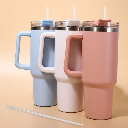 Insulated Tumbler With Handle Straw 40oz Stainless Steel Vacuum Cup Thermal Mug For Ice Coffee Travel Car Cup (random Color)