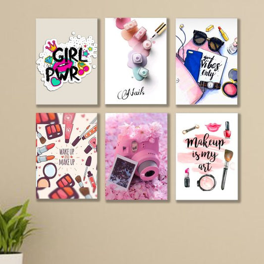 Set Of 5 Make Up Themed Girls Room Decor Wall Art Wooden Sticky Photo Tile Frames